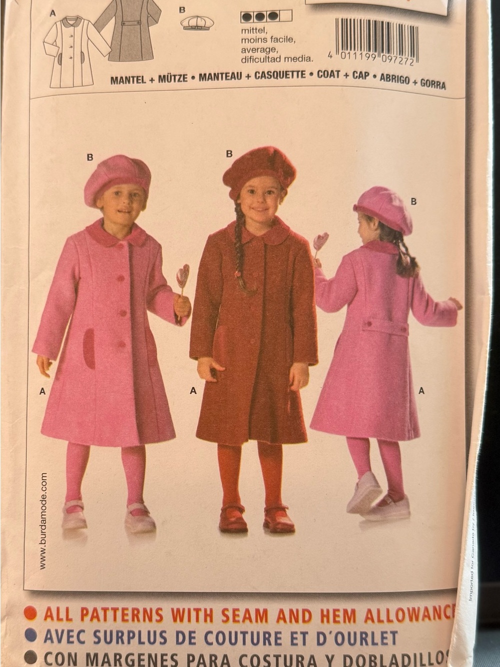 Girls' Classic Wool-Blend Pea Coat with Matching Beret - Pink & Red